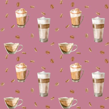 Kahve fincanı, kahve çekirdekleri, kahve öğütücü, kapuçino, latte resimleriyle sulu boya desenleri.