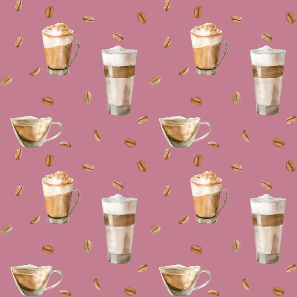 Watercolor seamless pattern with illustrations of coffee cup, coffee beans, coffee grinder, cappuccino, latte