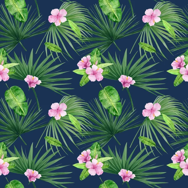 Ilustracja akwarela bezszwowy wzór liści tropikalnych i hibiskus kwiatów. Idealny jako tło tekstury, papier pakowy, tkaniny lub projekt tapety. Ręcznie rysowane — Zdjęcie stockowe
