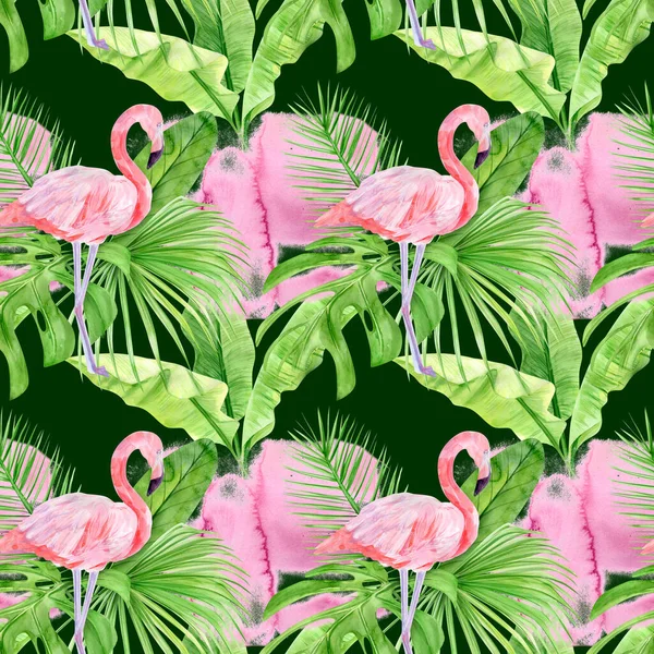 Aquarell Illustration nahtlose Muster tropischer Blätter und rosa Flamingo. Perfekt als Hintergrundtextur, Packpapier, Textil- oder Tapetendesign. Handgezeichnet — Stockfoto