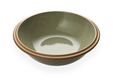 Yeşil seramik kase, beyaz arka planda izole edilmiş boş kase kırpma yolu, yan görüş                                