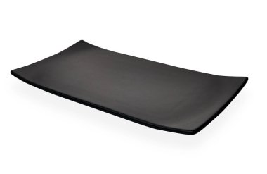 Boş dikdörtgen plaka, Kırpma yolu ile beyaz arka plan üzerinde izole siyah seramik plaka, Yan görünüm                            