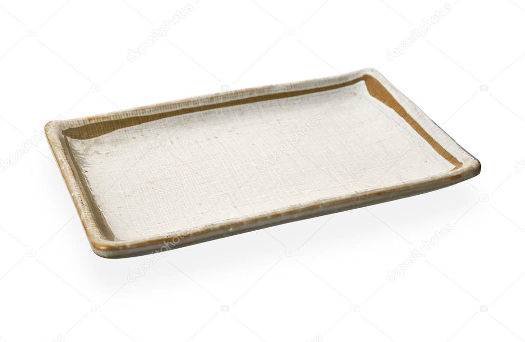 Empty ceramic plate with brown edge, Rectangular plate isolated on white background with clipping path, Side view                              