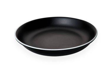 Kırpma yolu ile beyaz arka plan üzerinde izole beyaz kenarı ile boş siyah seramik plaka, Yan görünüm  