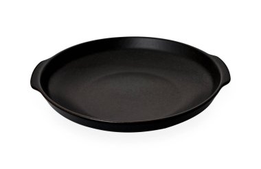 Çift saplı plaka, Kırpma yolu ile beyaz arka plan üzerinde izole boş siyah seramik plakalar, Yan görünüm                               