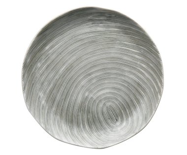 Siyah desen kenarı ile boş beyaz plaka, halka desenli Seramik plaka, Kırpma yolu ile beyaz arka plan üzerinde izole yukarıdan görünüm      