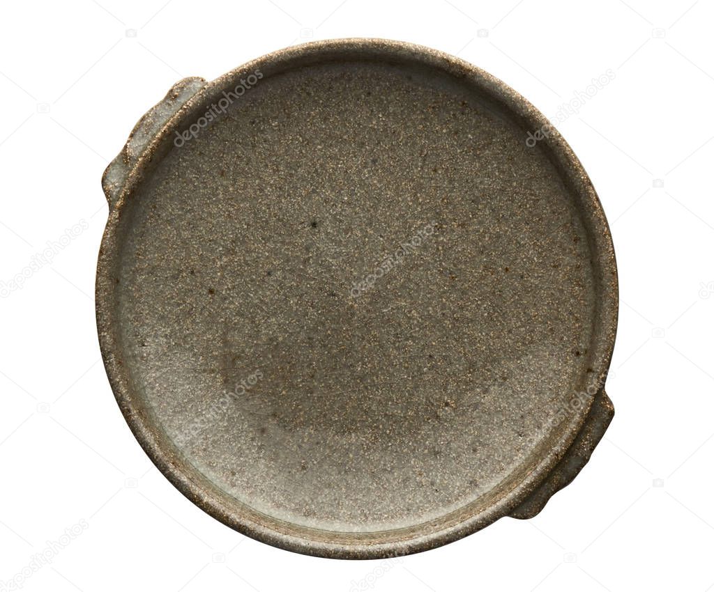Double handled brown plate, Empty stoneware plates, View from above isolated on white background with clipping path 