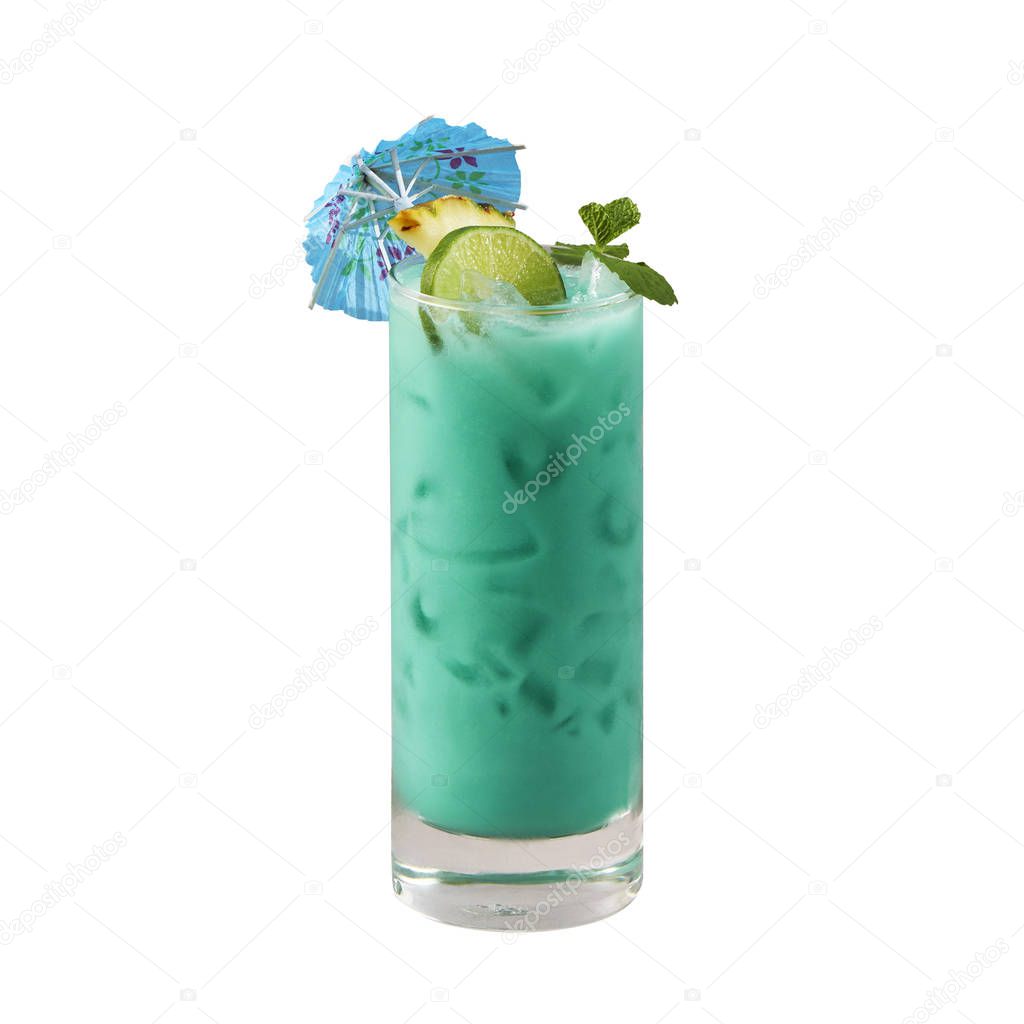 Blue hawaii cocktail, Beautiful blue cocktail, isolated on white background, with clipping path                               