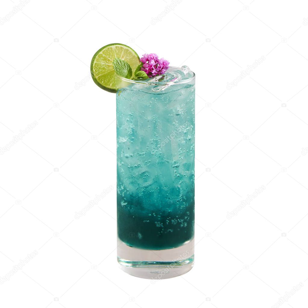 Beautiful blue color cocktail with lime slice, isolated on white background, with clipping path                               