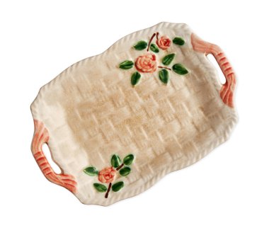 Çift saplı plaka, boş dikdörtgen seramik plaka, çiçek desenli, beyaz arka planda kırpma yolu ile izole edilmiş, üst görünüm 