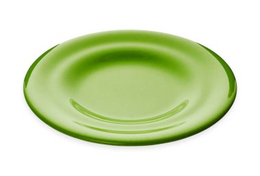 Boş seramik plakalar, beyaz arkaplanda izole edilmiş klasik yeşil plaka kırpma yolu, yan görünüm