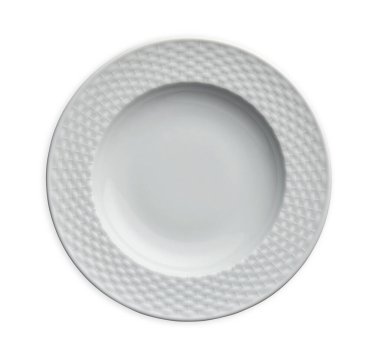 Örgü desenli boş beyaz plaka, kırpma yolu ile beyaz arkaplanda izole, Üst görünüm