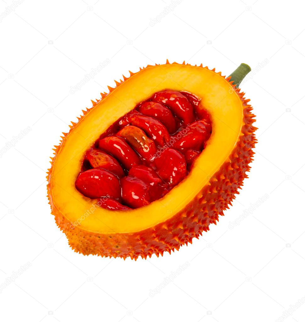 Ripe gac fruit, Cut in half Gac fruit or baby jackfruit isolated on white background with clipping path