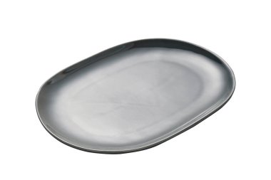 Koyu gri renkli modern oval seramik plaka parlak kaplama, beyaz arka planda kırpma yolu ile izole edilmiş. Yemek fotoğrafçılığı, restoran menüleri, sofra takımı katalogları ya da mutfak ürünleri sergisi için uygun. Aperatifler için mükemmel, ana yemek.