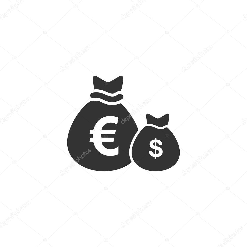 Money Bags with currency symbols. Black Icon Flat on white background