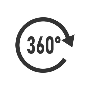 360 derece açı. Siyah simge düz beyaz arka plan üzerinde