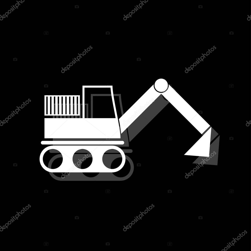 Excavator. White flat simple icon with shadow