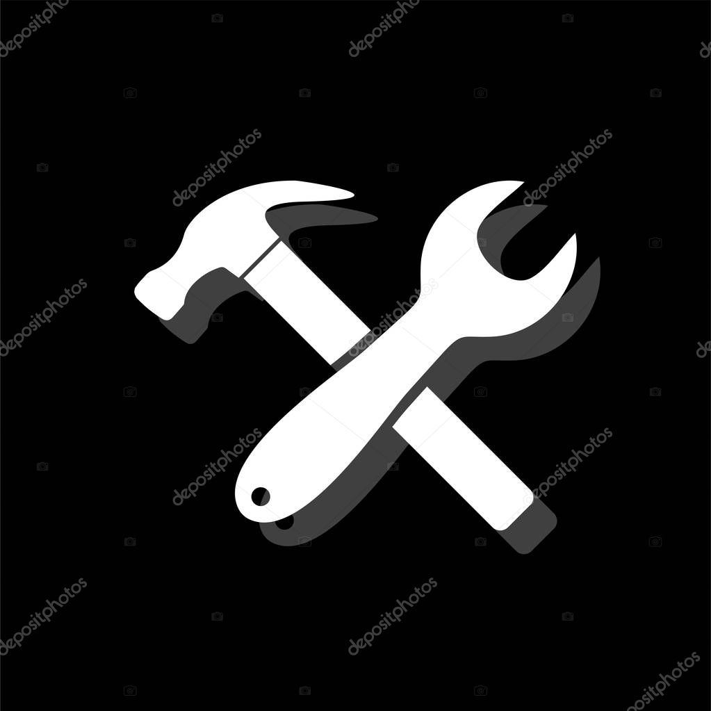 Crossed Wrench and Hammer. White flat simple icon with shadow