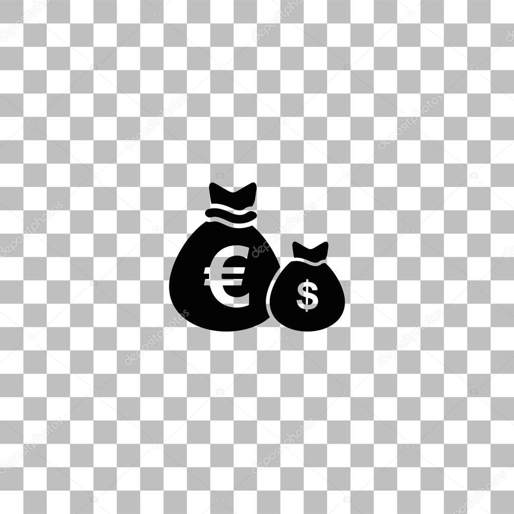 Money Bags with currency symbols icon flat