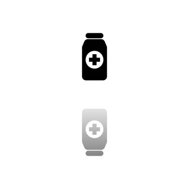 İlaç şişesi var. Beyaz arka planda siyah bir sembol. Basit bir illüstrasyon. Düz Vektör Simgesi. Ayna yansıması Gölgesi. Logo, web, mobil ve UI UX projelerinde kullanılabilir