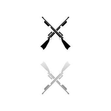Çapraz tüfekler, av tüfekleri. Beyaz arka planda siyah bir sembol. Basit bir illüstrasyon. Düz Vektör Simgesi. Ayna yansıması Gölgesi. Logo, web, mobil ve UI UX projelerinde kullanılabilir