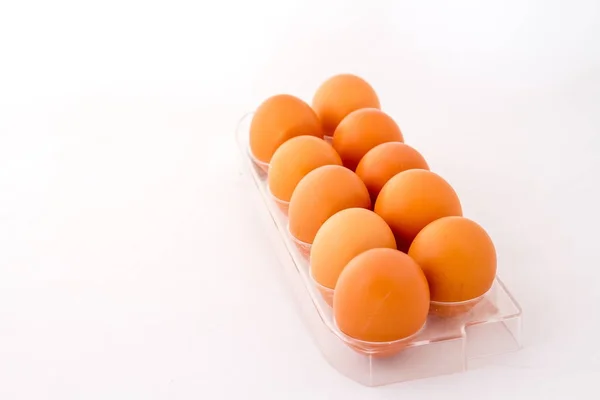 Tray Ten Chicken Eggs Isolated White Background Image Copy Space — Stock Photo, Image