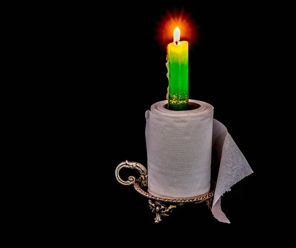 Silver Candle Holder Burning Candle Roll Toilet Paper Isolated Black — Stock Photo, Image