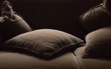 Brown yastıkları bir kahverengi kanepe moody ayar görüntüyü yatay biçimde kopya alanı ile dağınık