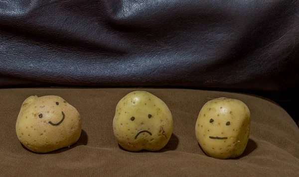 Três Batatas Frescas Conceito Preguiçoso Sofá Marrom Imagem Com Espaço — Fotografia de Stock