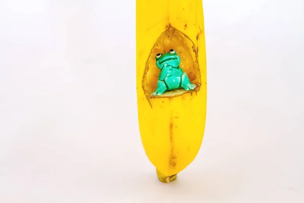 Green Ornamental Frog Hollowed Out Banana Isolated White Background Image — Stock Photo, Image