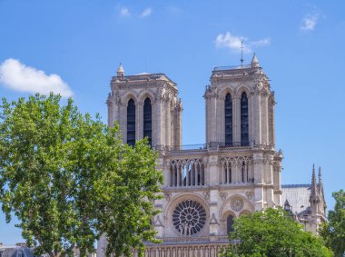 Paris, Fransa-Temmuz 23, 2016: ikonik Notre Dame Katedrali manzara formatında nehir Seine görüntü görüntülenen