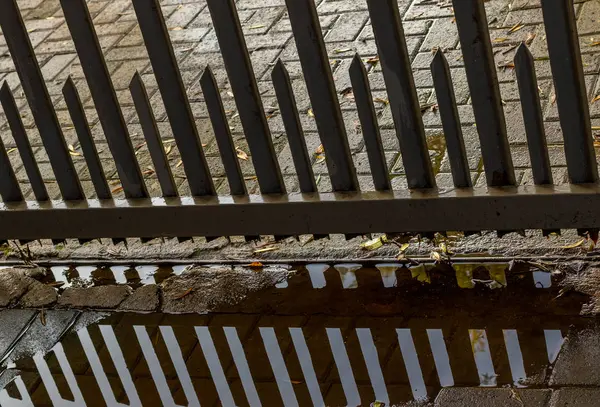 Metallzäune Die Sich Einer Regenpfütze Widerspiegeln Und Muster Bilden Bild — Stockfoto