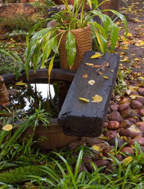 Sonbahar la kaplı bir gölet ve arnavut kaldırımı taşları yanında bir bahçede Tezgah portre formatında kopya alanı ile görüntü bırakır