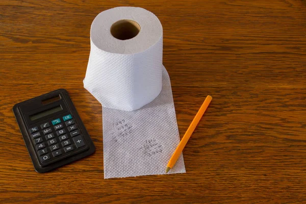 Incorrect Calculations White Toilet Paper Isolated Wooden Surface Conceptual Image — Stock Photo, Image