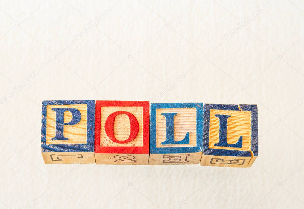 The term poll visually displayed on a white background using colorful wooden blocks image with copy space in landscape format