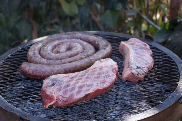 Steak Worst Koken Een Rooster Buiten Een Barbecue Vuurbeeld Horizontale — Stockfoto