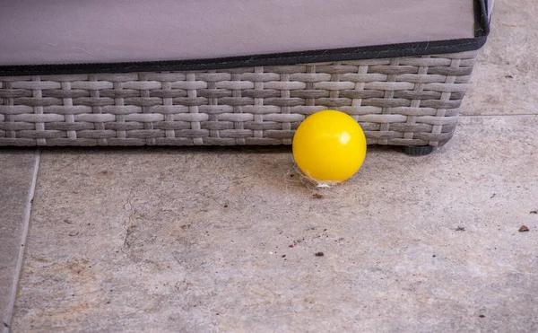 Yellow Ball Lies Dirty Tiled Floor Next Covered Basket Image — Stock Photo, Image