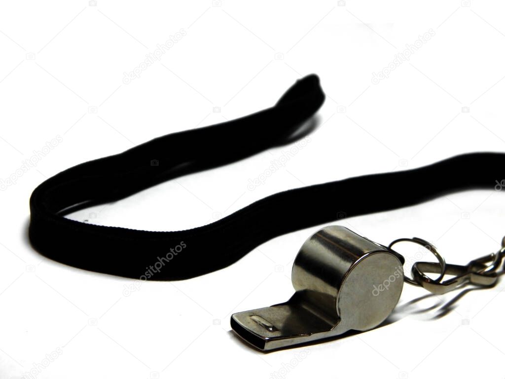 Aluminum sports whistle with black cord for trainer