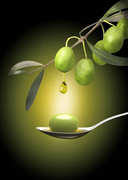 Drop Olive Oil Falling Olive Branch Spoon — Stock Photo, Image