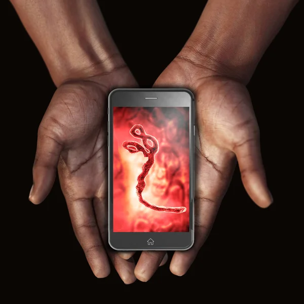 携帯電話イメージ エボラ ウイルスを持つアフリカの手 — ストック写真