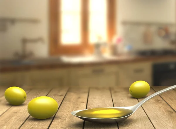 木桌上有橄榄油和橄榄的勺子 — 图库照片