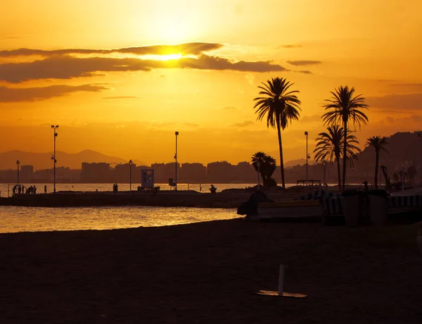 Coucher Soleil Sur Plage Malaga Espagne — Photo