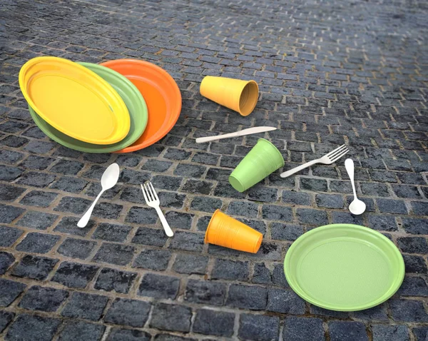 Placas Plástico Talheres Chão Cidade Poluição Ambiente Lixo Lixo — Fotografia de Stock