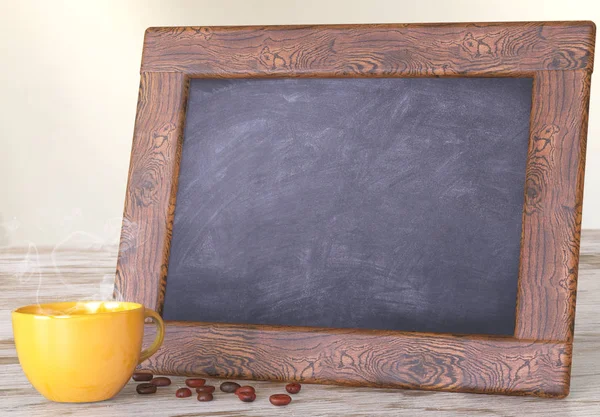 Blackboard Met Lege Ruimte Voor Tekst Kopje Koffie Een Houten — Stockfoto