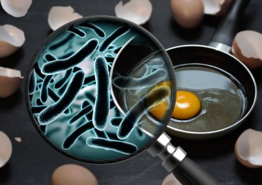 The concept of bacteria in the egg and is magnified by a magnifying glass salmonellosis infection clipart