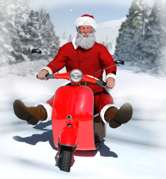 Weihnachtsmann Auf Rotem Roller Illustration — Stockfoto