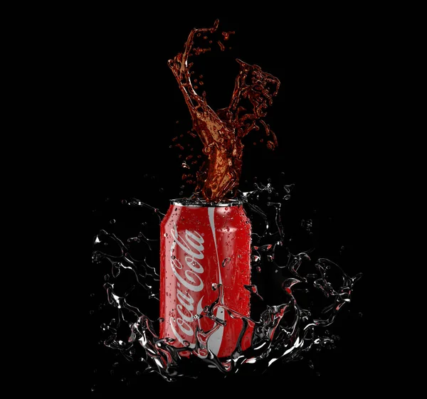 Október 2019 Illustration Coca Cola Can Splash Isolated Black Background — Stock Fotó