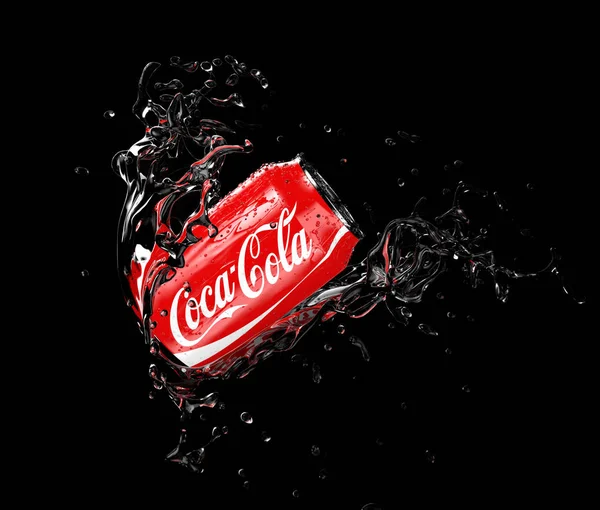 Жовтня 2019 Illustration Coca Cola Can Splash Isolated Black Background — стокове фото