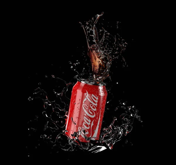 October 2019 Illustration Coca Cola Can Splash Isolated Black Background — Stock Photo, Image