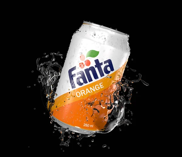 Fanta Orange Vintage Puede Salpicadura Negro Aislado Sobre Fondo Blanco — Foto de Stock